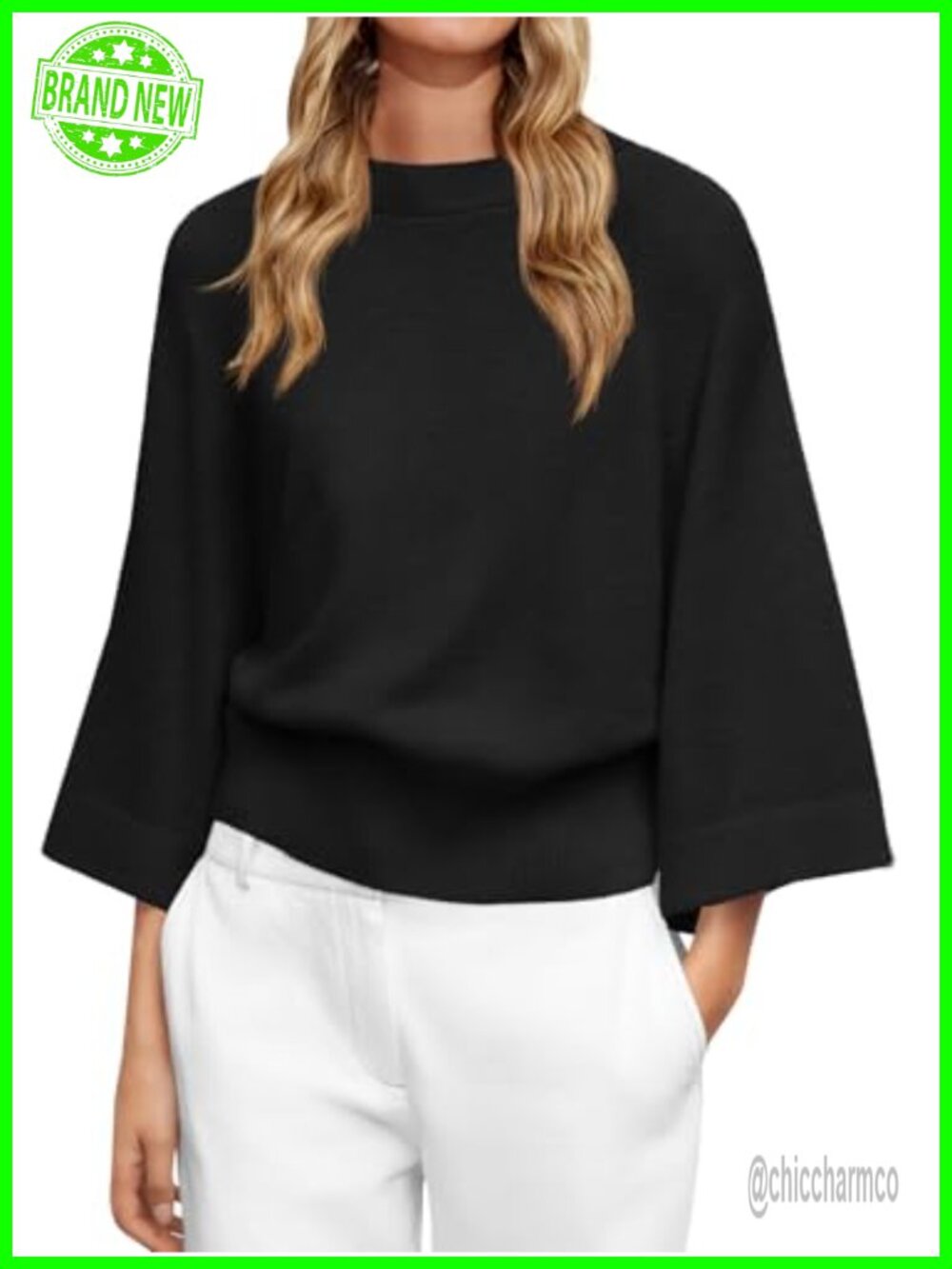 Womens Soft Knit Batwing Sweater 3/4 Sleeve Crew Neck Loose Fit Fall Top